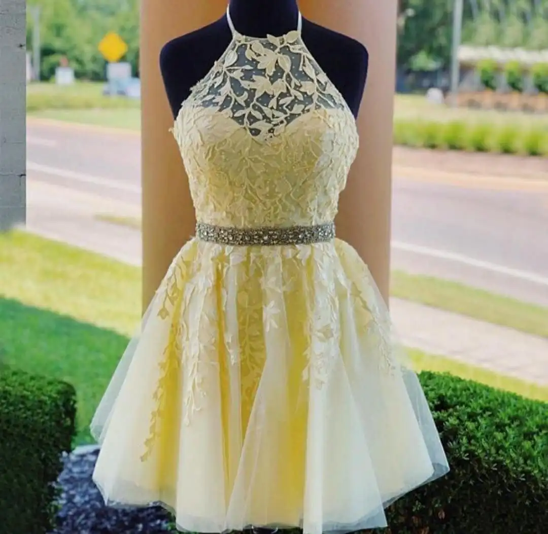 

VKBRIDAL, кружевное, короткое, длиной до колен, с перекрещивающейся спиной, с бисером, для выпускного вечера, желтого цвета, вечерние платья для в...