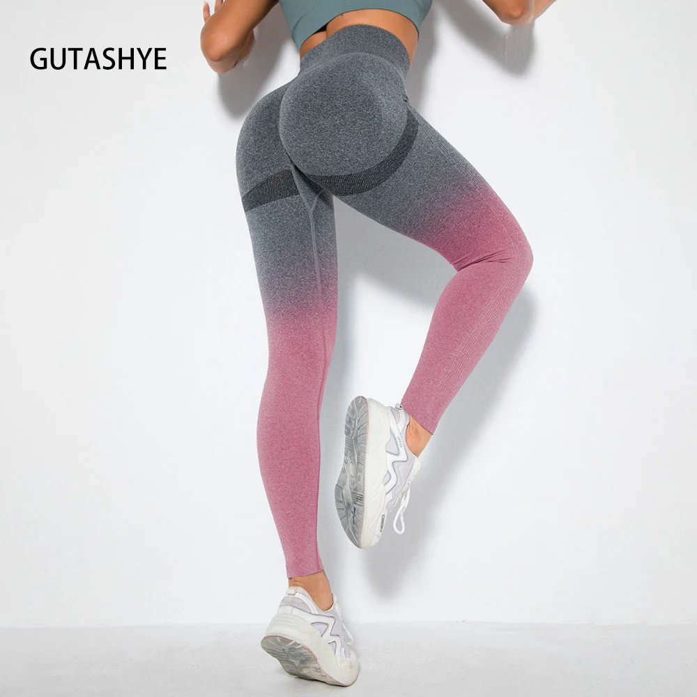 GUTASHYE Gradient Women Push Up Yoga Leggings Gradients Sexy Tummy Control Butt Lift Yoga Pants High Waist Gym Sports Leggings