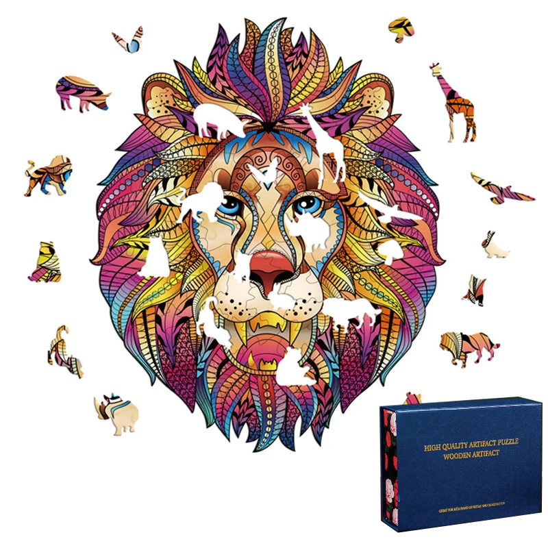

Lion Art Totems Jigsaw Puzzle Wooden Toys Common Animal Puzzles for Adults Stress Relief Educational Toy Kids Boys Girl Children