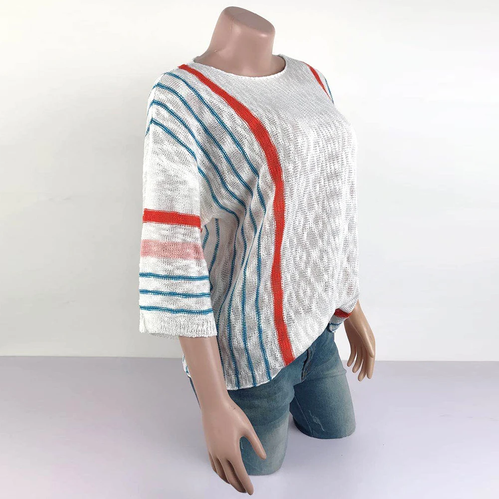 

Women Casual O Neck 3/4 Flared Sleeve Striped Loose Pullover Knitted Sweater