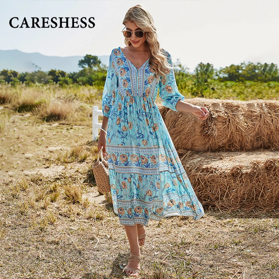 

CARESHESS 2021 Summer Sexy Deep V-Neck Women Dress Print Floral A-line Midi Dresses Elegant Pink Slim Casual Dresses for Women