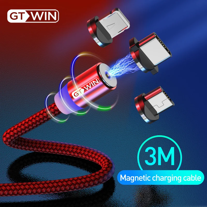 GTWIN 3 м Магнитный кабель для быстрой зарядки USB type-C Магнитный адаптер зарядное устройство Магнитный зарядный кабель Micro USB для iPhone xr xiaomi