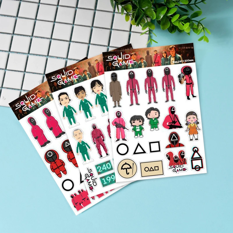 

1 Sheet Squid Game Stickers Cute Cartoon Stickers for Notebook Skateboard Laptop Luggage Phone Waterproof Stickers Kids Toy
