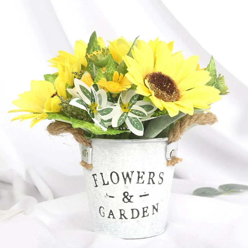 Fake Flowers Artificial Simulation Silk Sunflower Bonsai With Iron Pot For Wedding Decoration Home Garden Party Supplies | Дом и сад