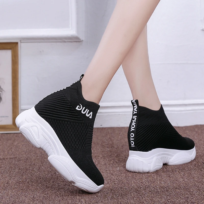 

Breathable Knitted Chunky Sneakers Women 2019 New Autumn Solid Wedge Sock Shoes Woman Thick Bottom High Top Shoes Female