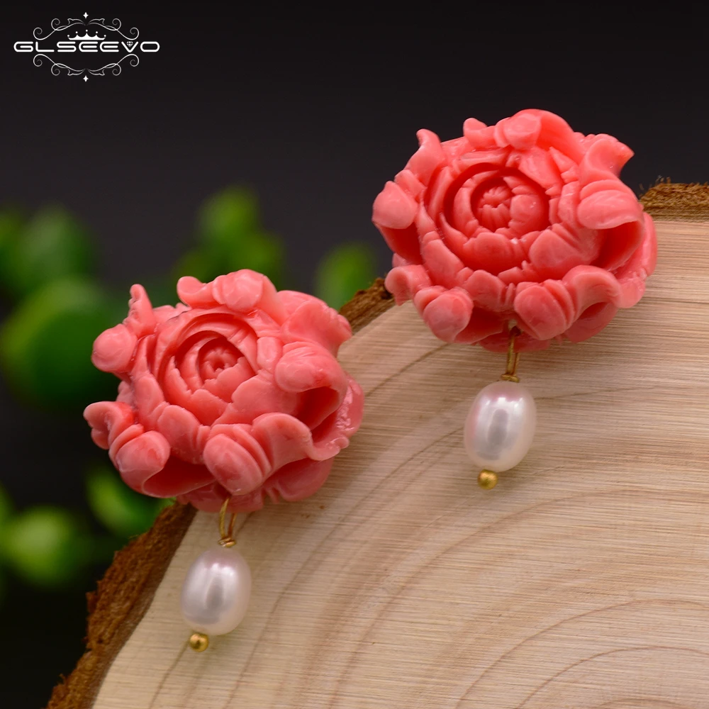

GLSEEVO Natural Fresh Water White Pearl Stud Earrings For Women Coral Powder Earrings Luxury Fine Jewelry Aretes De Mujer GE0412