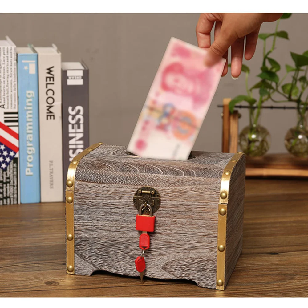 

Retro Treasure Box Creative Wooden Piggy Bank Safe Wood Carving Money Box Savings with Lock for Children Teens- Large