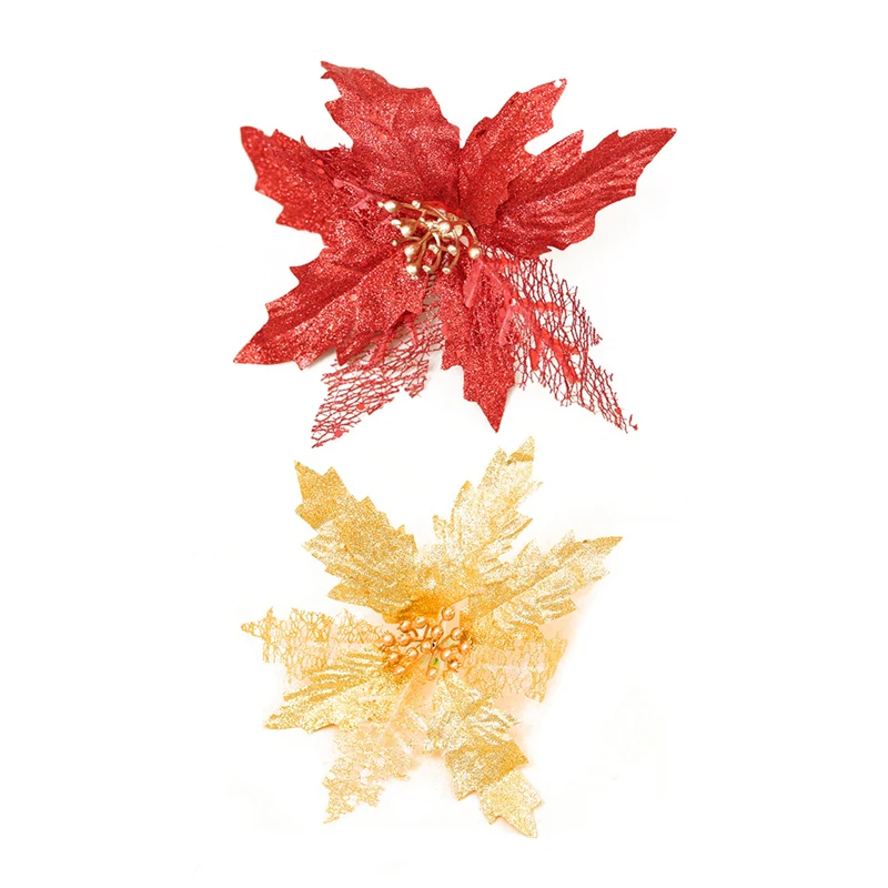 2x красные блестящие украшения для новогодней елки искусственный цветок