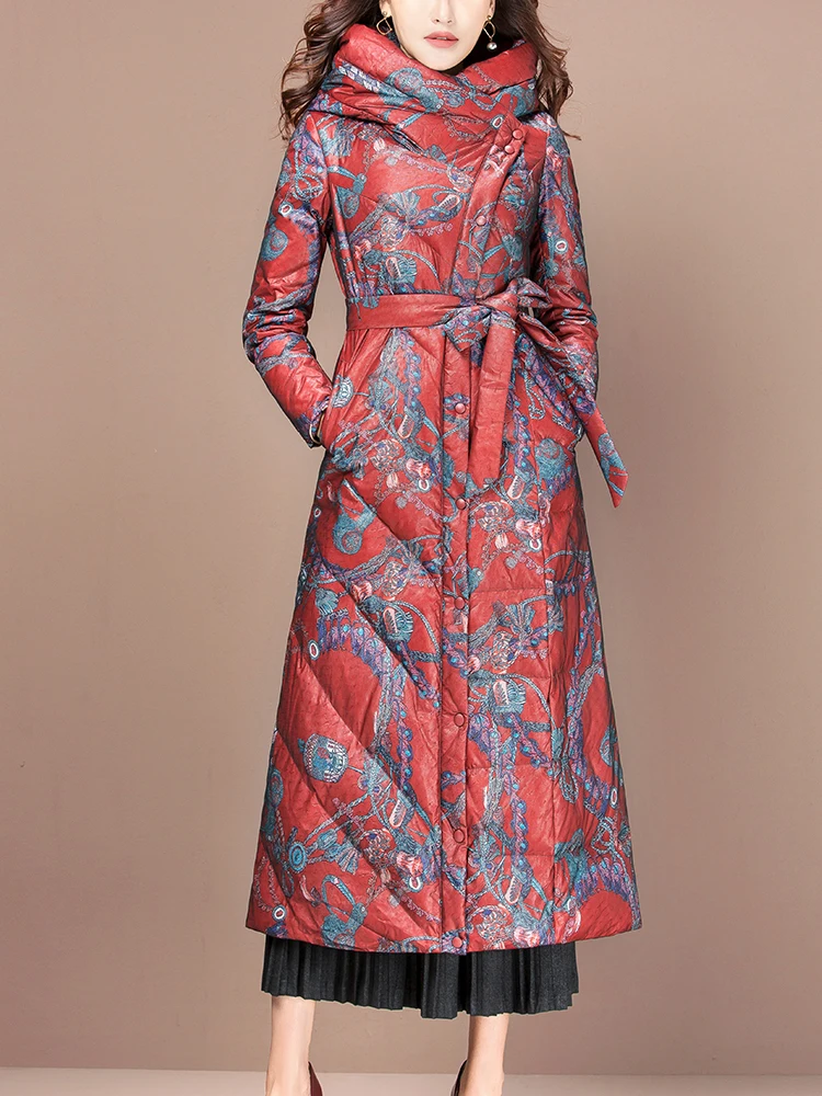 Зимняя женская куртка-пуховик на утином пуху с капюшоном и принтом длинное