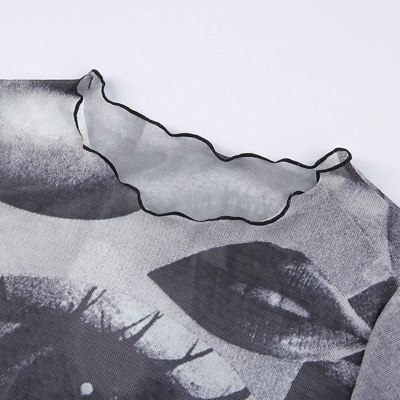 

Summer Casual Slim Printed Crop Tops For Women Y2K New Fashion Sexy Mesh Transparent Tshirt 90s Korea Style Vests Tee Streetwear