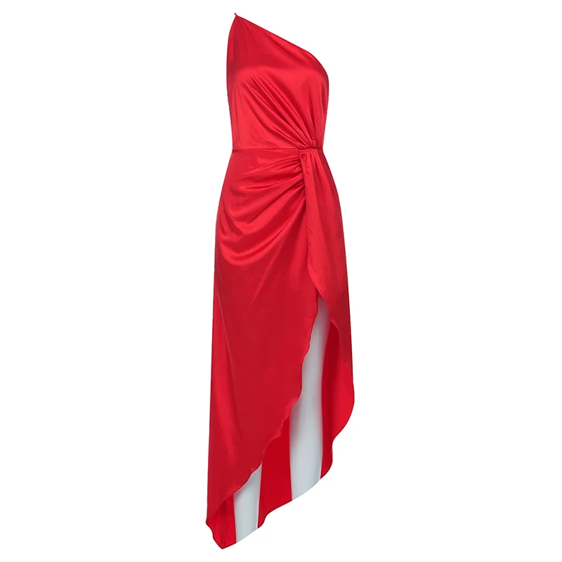 INDRESSME, новинка, Vestidos, женское платье на одно плечо, без рукавов, тонкое, Драпированное, вечерние, сексуальное, асимметричное, с разрезом, облегающее платье - Цвет: Red