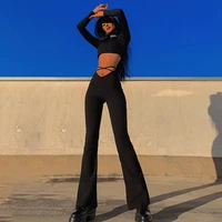 harajuku female casual pants spring new v shaped high waist trousers crop navel cross belt casual flare pants woman y2k clothes