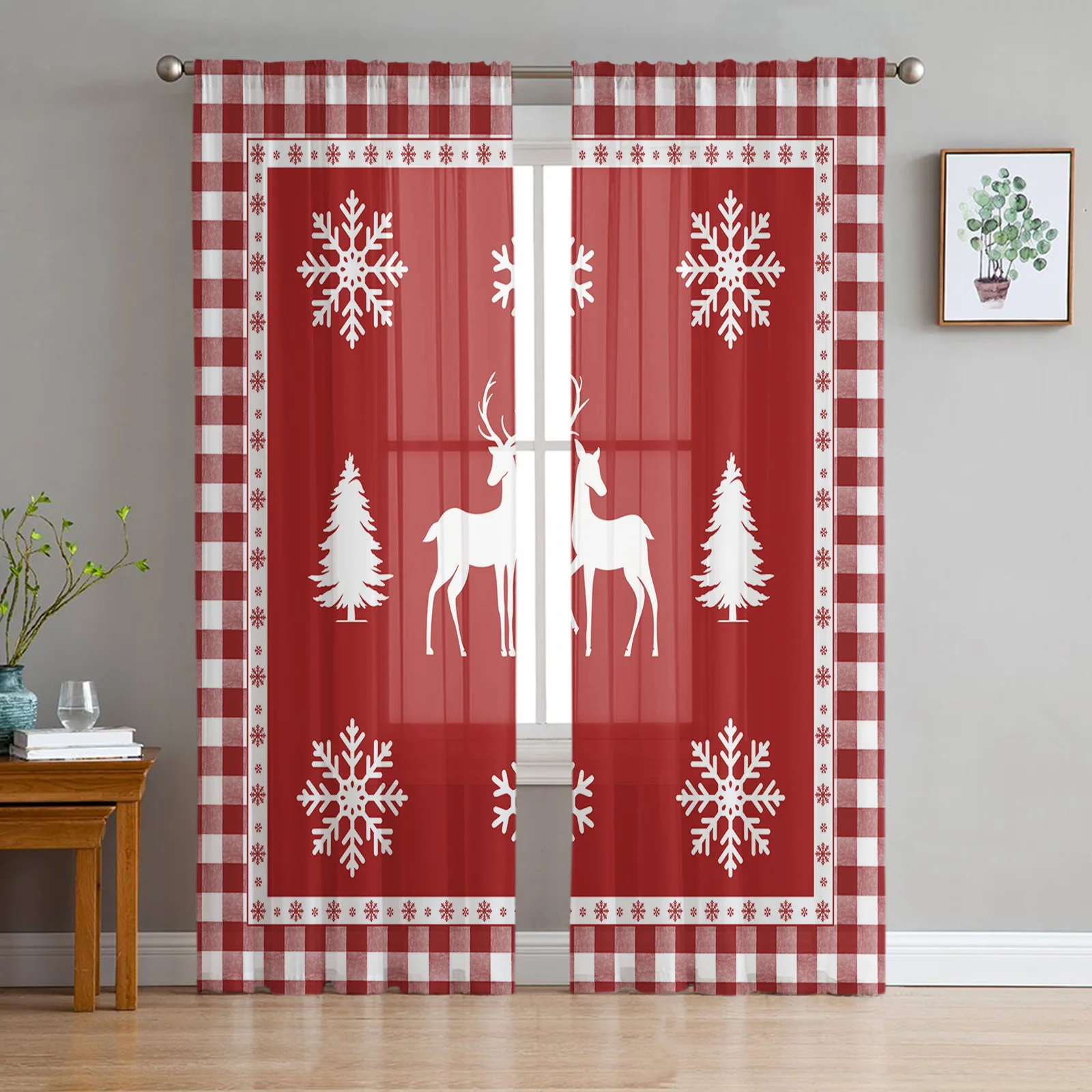 Рождественские снежинки Лось красные клетчатые прозрачные Занавески