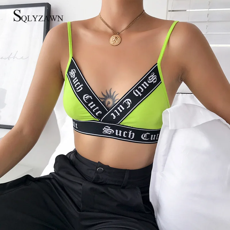 Patchwork Sexy V-neck crop Top Women neon color Letter Ribbon Backless Elastic Waist tank Top Streetwear Sleeveless Fitness Tops
