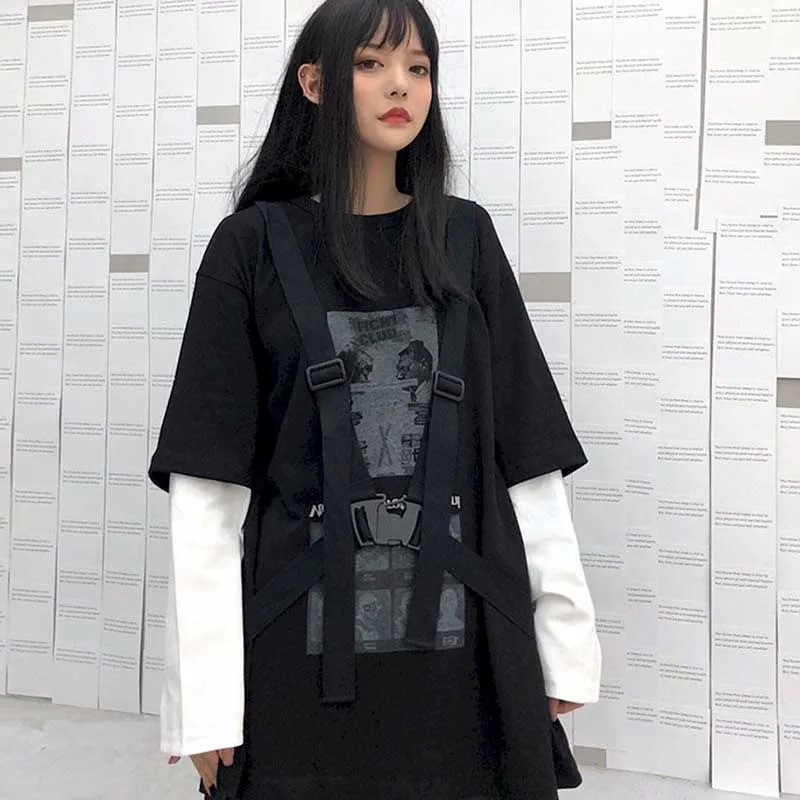 

New fake two-piece long-sleeved t-shirt round neck top women OVERSIZE super fire Harajuku couple loose tie rebel printing long-s