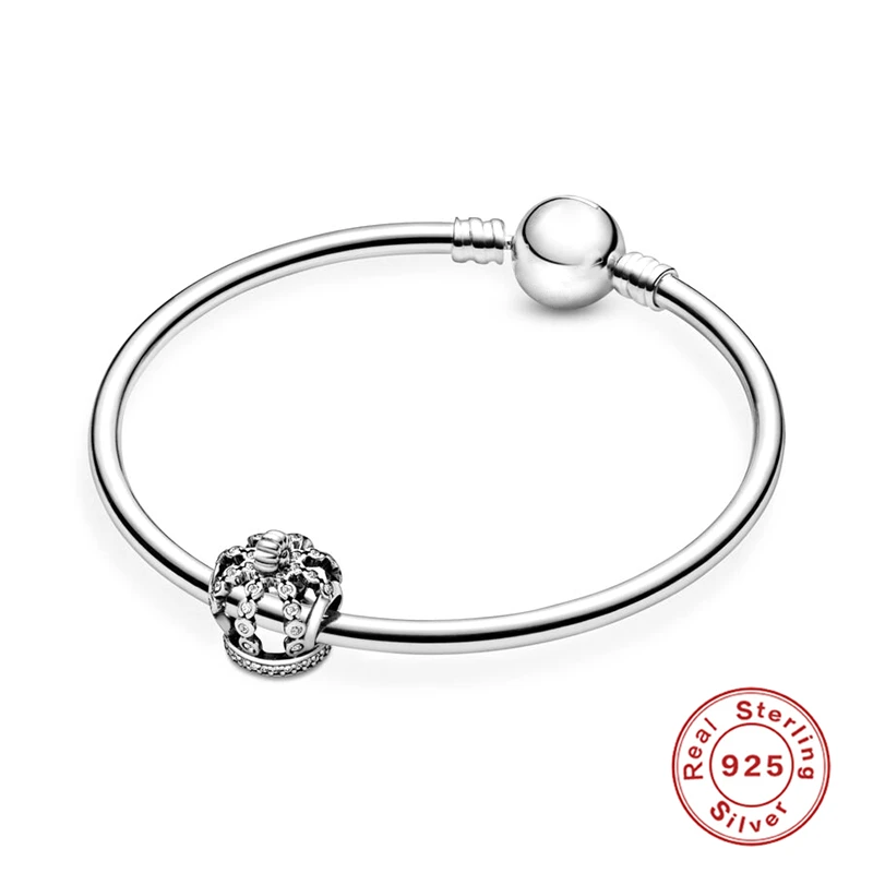 

MC 925 Silver Chain Bracelets For Women Crown Studded With Crystal Charms Beads Fit Original Fashion DIY Jewelry Charm Pulseras