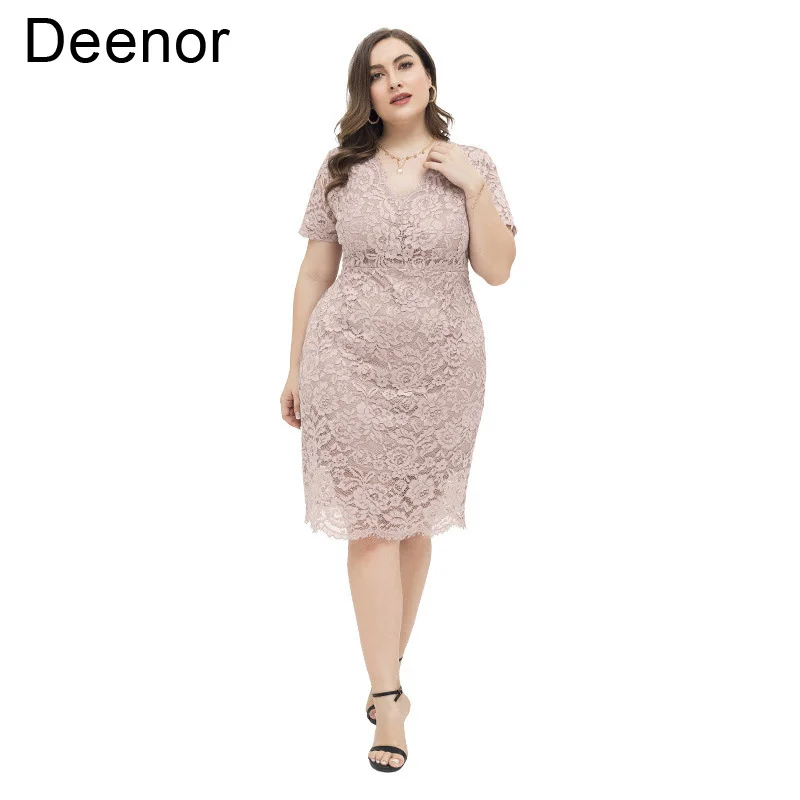 Deenor Plus Size Dresses for Women Slim Lace Wrap Hip V-neck Dress Summer Short Sleeve Elegant Party Dresses