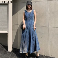 xitao embroidery print pleated denim dress 2021 summer new product temperament long style big hem sleeveless dress cll1051