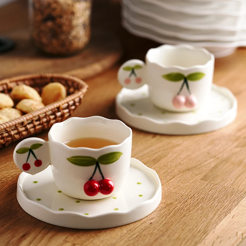 

Single Hand-Painted Three-Dimensional Embossed Cherry Polka Dot Coffee Cup Saucer Dish Set Afternoon Tea Cup