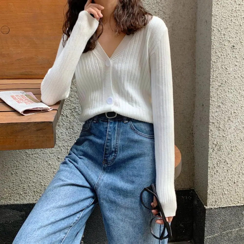 

Women's Acrylic Fiber Color Casual Loose V Neck Button Sweater Sleeves Wholesale Long Female Clothes Thin S5C0