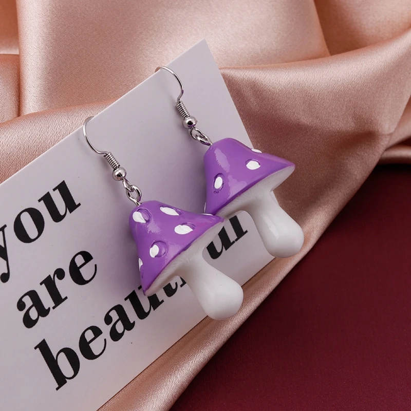 

Colorful Mushroom Dangling Earrings Necklace Set Handmade Gummy Mushrooms Necklaces Rainbow Colored Vegetables Jewelry