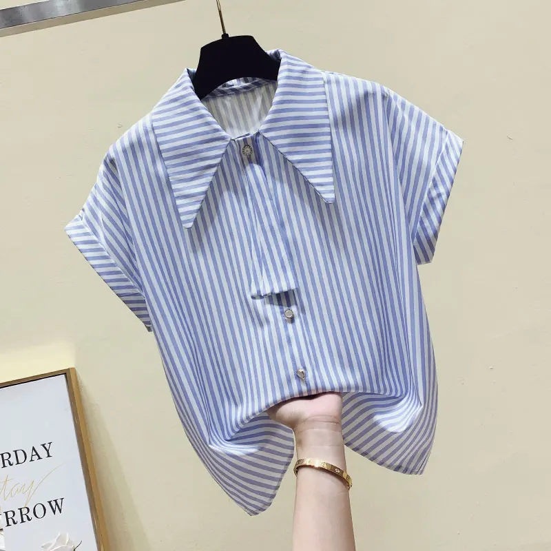 

Elegant Striped Blouses Women 2021 Summer New Temperament Short Sleeve Shirt All-Match Tops Nancylim