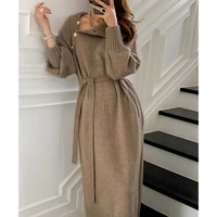 women knitted elegant long sleeve lace up dresses 2021 stylish autumn winter turtleneck buttons female thicken long warm dress