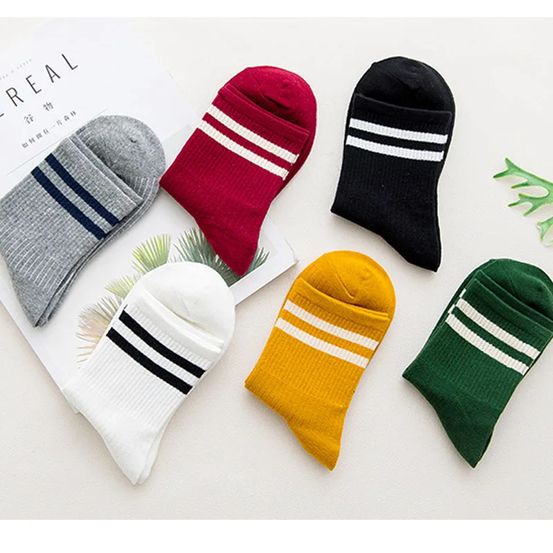 

Autumn and Winter Cotton Women's Socks Two Bars Striped Socks Solid Color Tube Socks