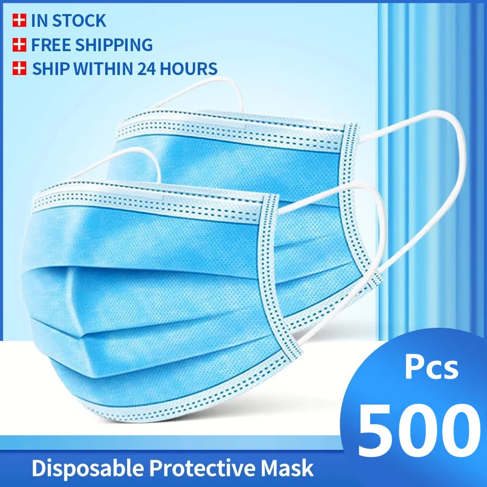 10-500 штук масок одноразовых масок для лица черного цвета против пыли и гриппа с эластичными петлями для ушей, фильтрующими нематериалами 3 слоя взрослой маскарильи в наличии!