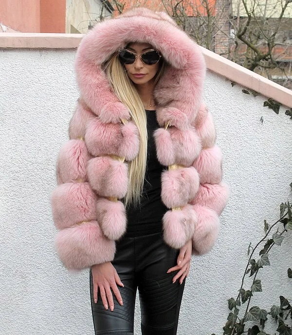 New Women Real Fox Fur Hooded Winter Coats And Jackets Women's Natural Stripe Genuine Fur Outerwear