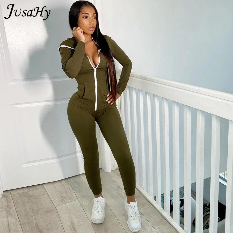 

Jusahy Casual Zipper Hoodie Jumpsuits Women Autumn New Slim Solid Skinny Streetwear Active Fitness Sporty Workout Rompers