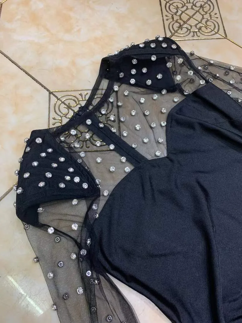 

Hot Lady Fashion Sexy Long Sleeve Beading Mesh Maxi Long Black Women Bodycon Dress 2020 Evening Elegant Party Dress