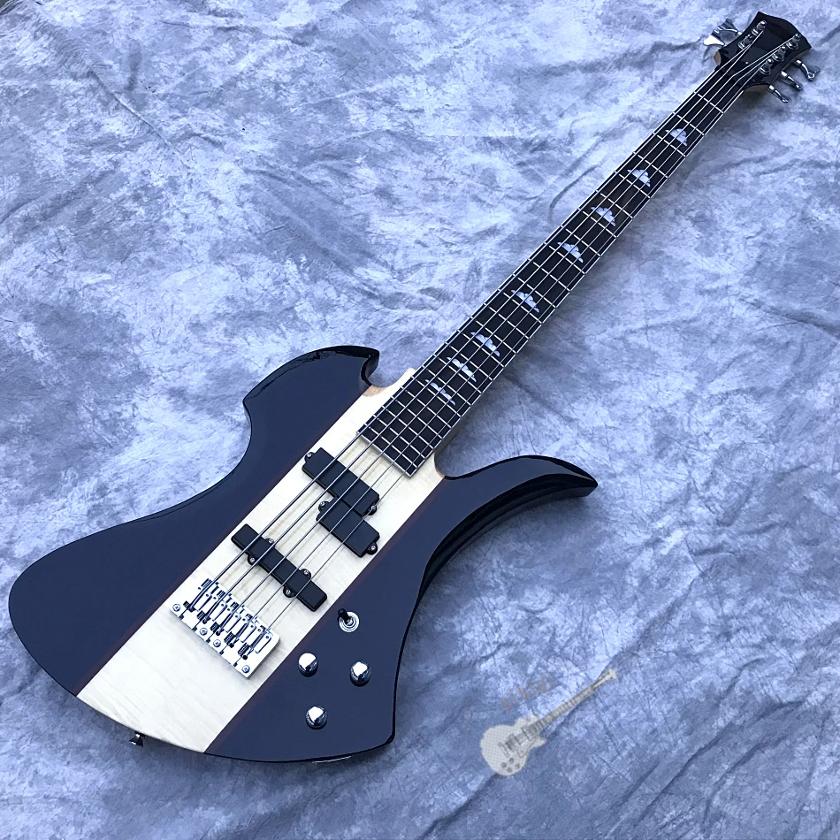 

Custom store, bright black, new 2020 hot sale, 5-string bass, front and rear body flame cover, black hardware, customizable logo