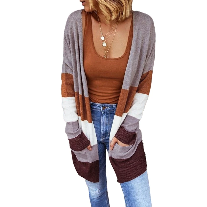 

Women Color Block Striped Kimono Cardigan with Pockets Long Sleeve Casual Knitted Sweater Coat Open Front Loose Autumn Outwear S