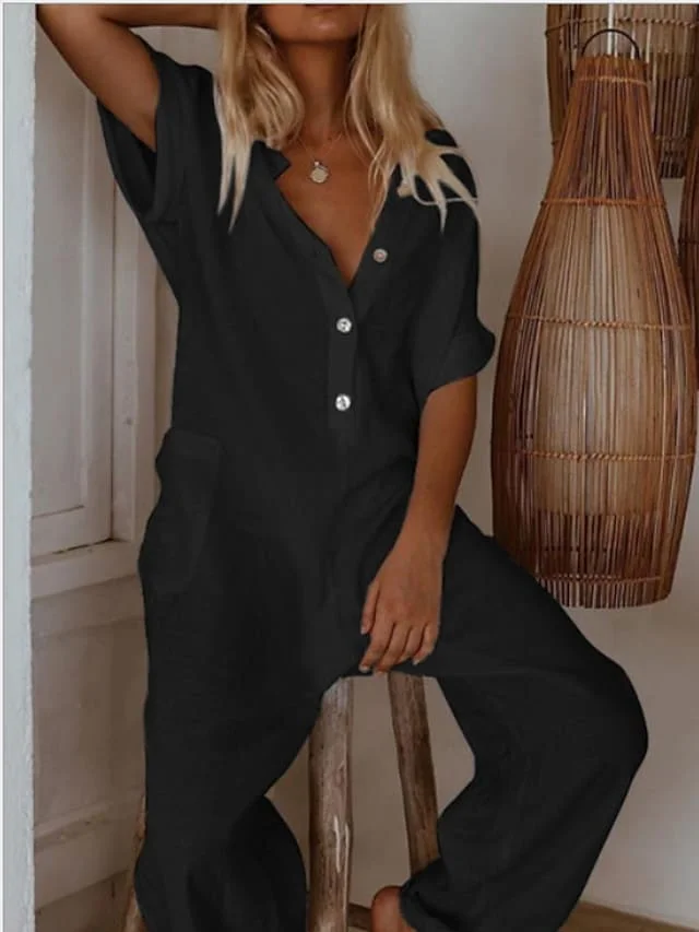 Женский белый черный темно-синий комбинезон однотонный/с широкими штанинами -