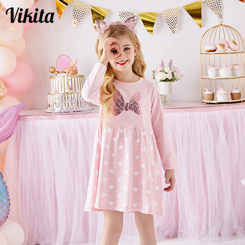 

VIKITA Kids Cotton Dress for Girl Children Autumn Winter Long Sleeve Dresses Girl Bow Heart Butterfly Christmas New Year Dress