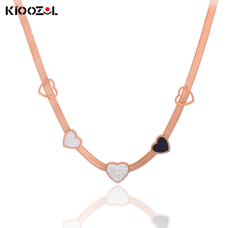 

KIOOZOL Stainless Steel Black White Hollow CZ Heart Rose Gold Silver Color Necklace for Women Jewelry 2021 New Arrival 334 DP1