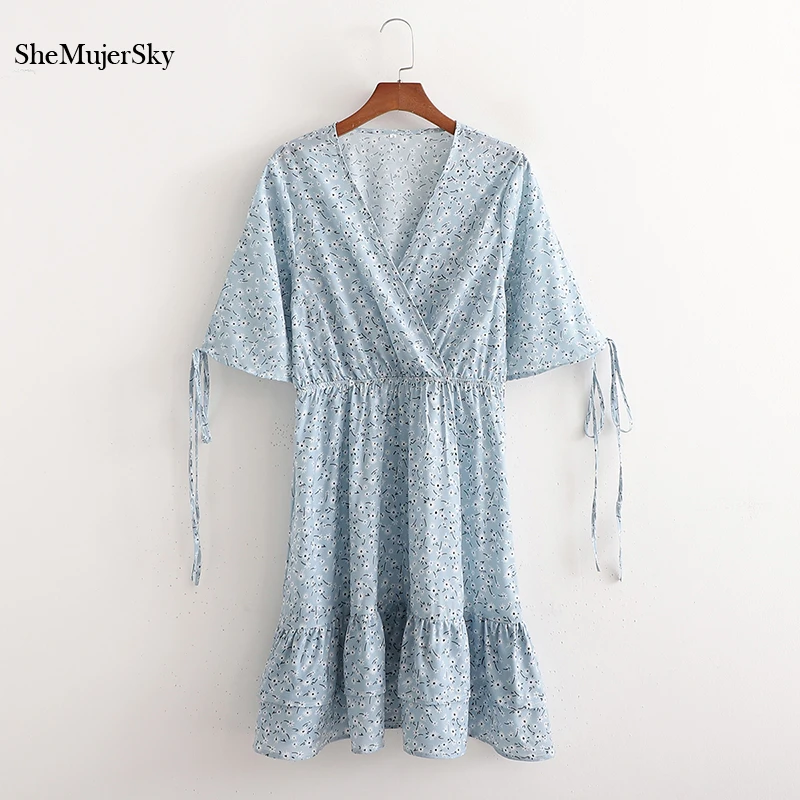 

SheMujerSky летнее голубое платье с цветочным принтом и V-образным вырезом, женские комбинированные платья-трапеции 2021