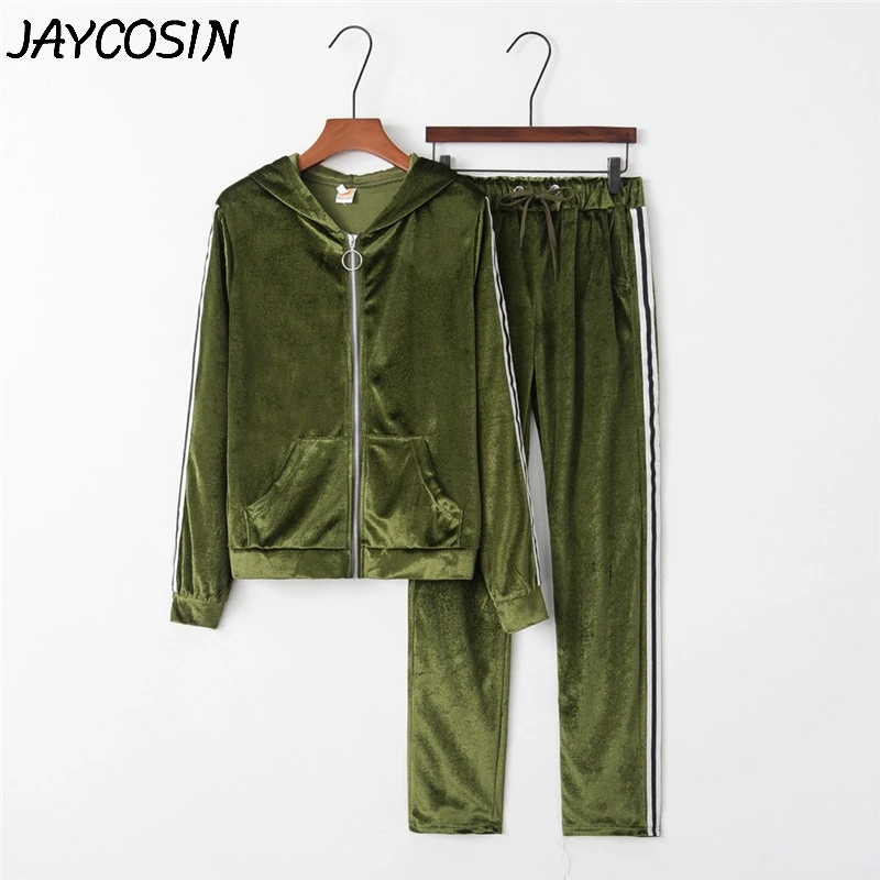 JAYCOSIN спортивный костюм для женщин с золотым бархатом с длинным рукавом на молнии Толстовка Топ боковые полосатые штаны комплект из 2 предметов повседневные спортивные костюмы