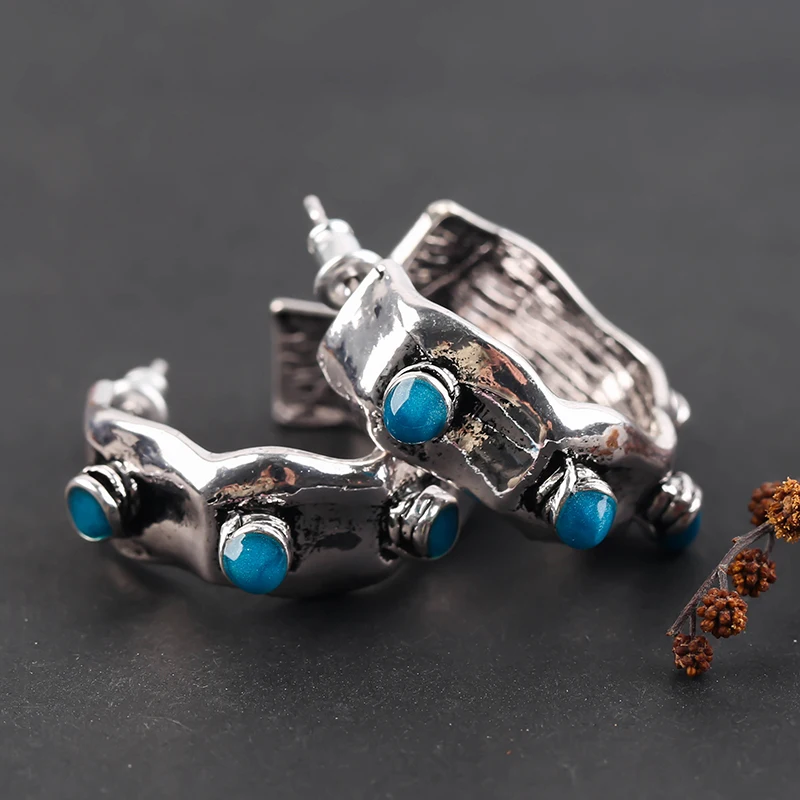 

Vintage old metal stud earrings Blue Stone Ear Stud For Women Fancy Dance Party Jewelry wholesale gothic trendy 2020