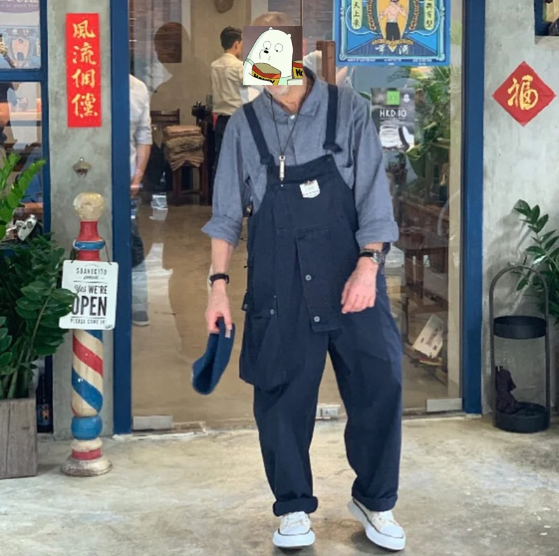 

Spring/Autumn Men Amekaji Bib Pants For Men Overall Wide Leg Loose American Casual Wear Suspenders Trousers