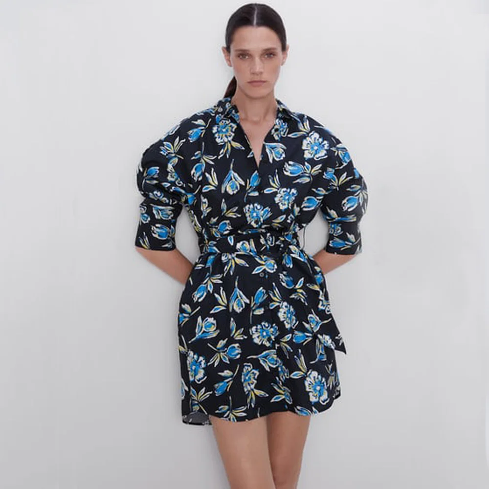 ZA 2019 осеннее Новое синее платье с принтом модная женская одежда повседневное