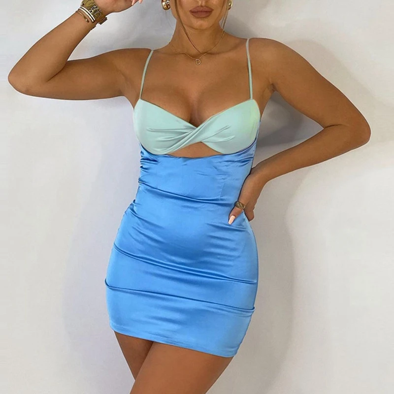 

Модное лоскутное атласное платье-комбинация контрастных цветов, летние женские Сексуальные облегающие мини-платья с открытой спиной