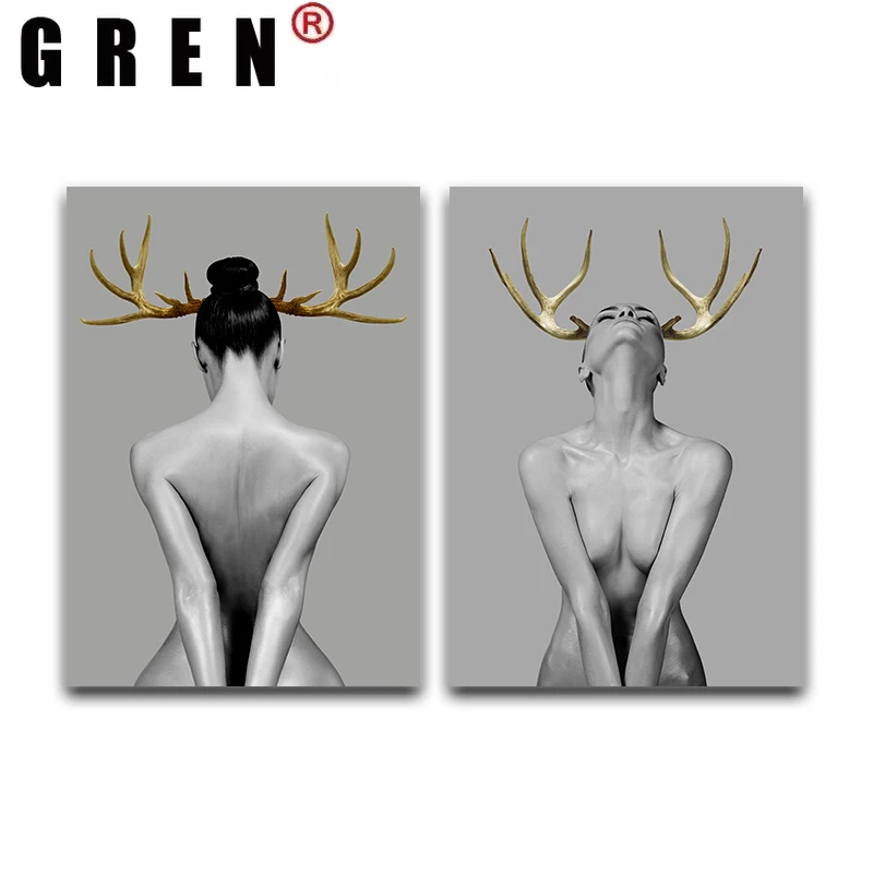 

GREN Nude Sexy Antler Woman Posters Prints Canvas Spray Figure Painting Pictures Modern Wall Art For Living Room Home Decor
