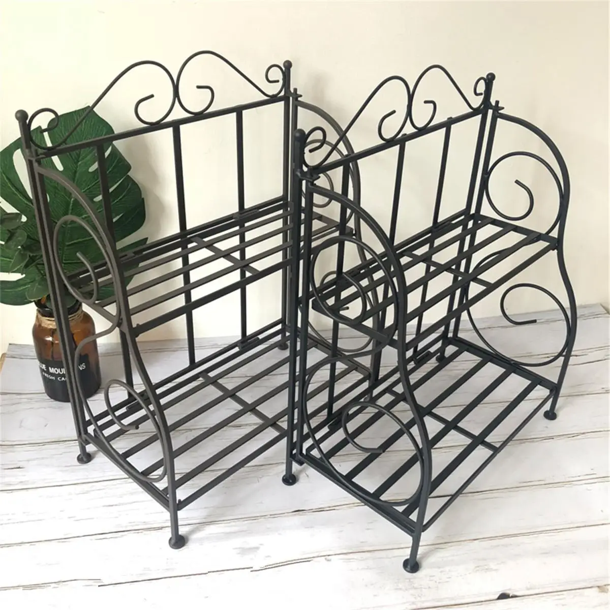 

2-layers Iron Plant Stand Shelf Rack Simple Indoor Coffee Bar Garden Balcony Flower Pot Shelf Multi-use Shelf Home Decoration
