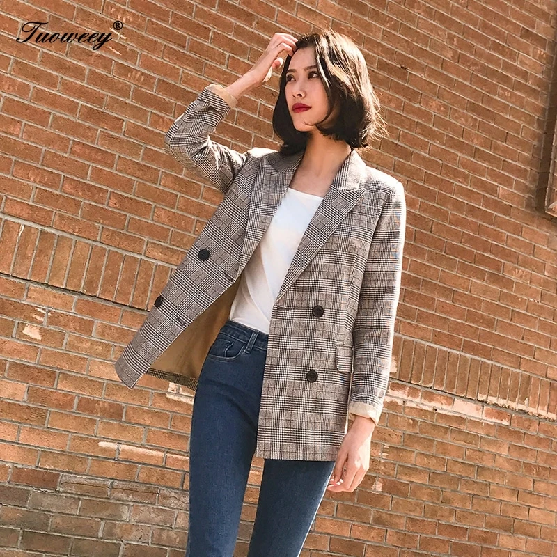 

Female Retro Suits Coat 2019 Work high quality Vintage Notched Bouble Breasted Plaid Women Blazer Thicken Autumn Winter Jackets