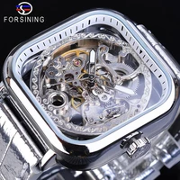 forsining white belt transparent business dress gear mechanical movement mens automatic skeleton wrist watches top brand luxury