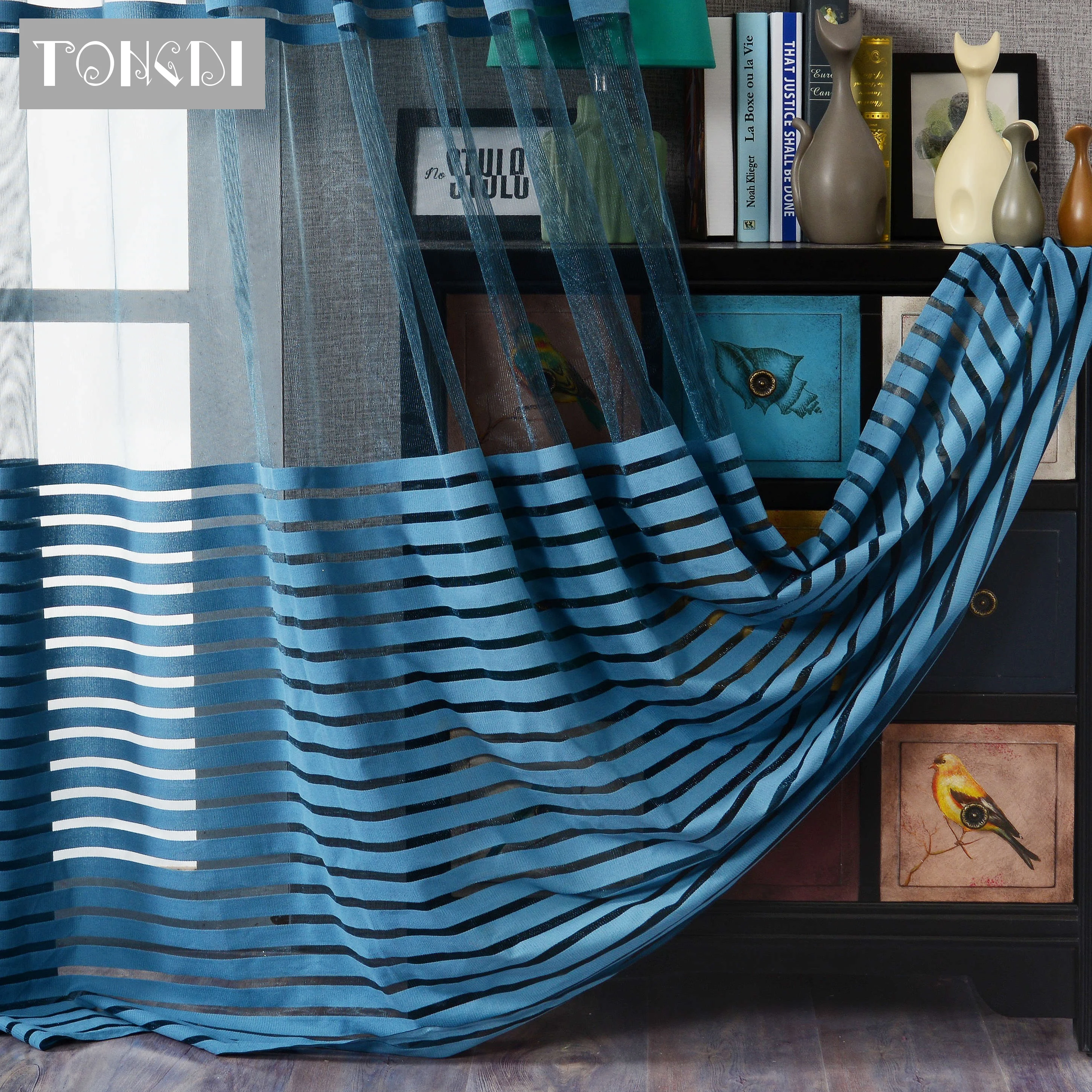 TONGDI Современная полосатая занавес панель Легкий просвечивающий для спальни