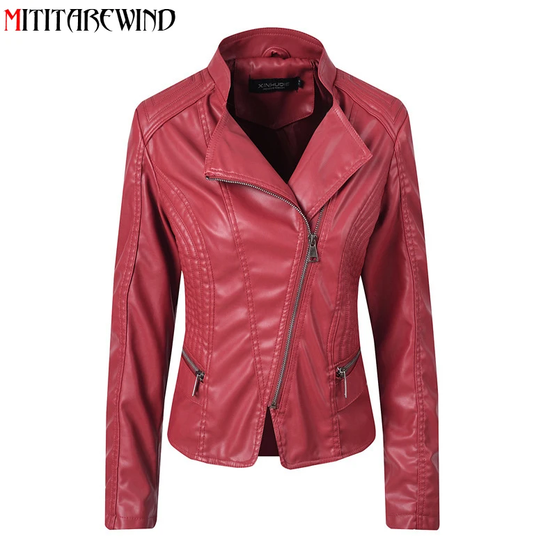 

Spring Autumn PU Leather Jacket Women Motorcycle Jacket Short Style Slim Fit Stand Collar Biker Jacket Solid Color Leather Coat