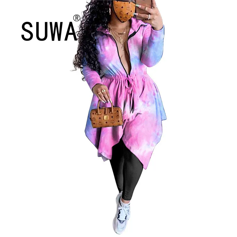 

Elastic Waist Drawstring Womenm Irregular Dress Autumn Turn Down Collar Full Sleeve Vestidos Fashion Tie Dye Print Mini Dresses